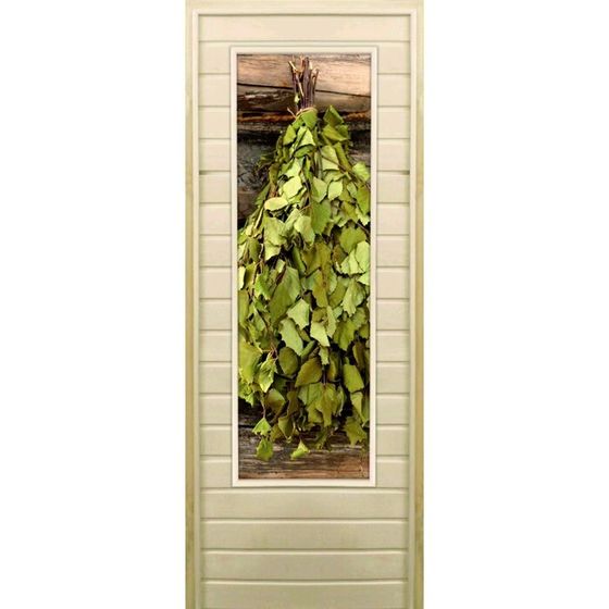 Дверь для бани со стеклом (43*129), &quot;Веник в бане-1&quot;, 190×70см, коробка из осины