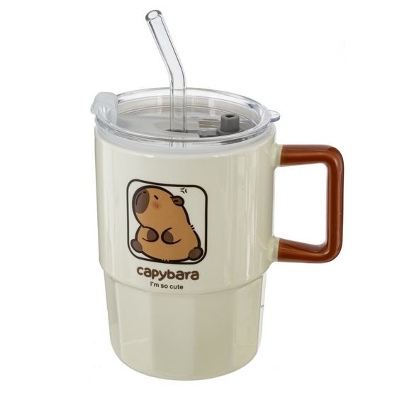 Кружка с крышкой и трубочкой, L8,8 W8,8 H12,2 см, дизайн микс