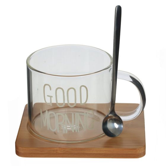 Кружка с ложкой на деревянной подставке, 300 мл, L12 W9,5 H10 см, 2в.