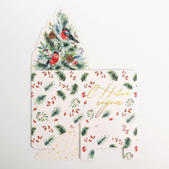 !09 Комплект из 5 коробок для мини-букетов, 12 х 17 х 10 см.: «Happy New Year», 3 штуки + «С Новым годом», Снегири 2 штуки.