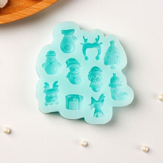 !09 Молд для заливки новогодний «Новогодний микс», силикон, 8×8 см, бирюзовый