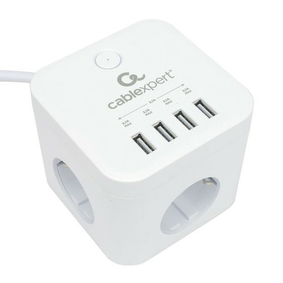 Сетевой фильтр Cablexpert Cube CUBE-3-U4-W-1.5, 3р, 10А, 4хUSB, 1.5м, ур.защиты 4+, белый