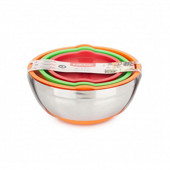 Набор стальных мисок MIX&amp;STORE 3шт, 1.5л2.4л3.7л с крышками, силиконовое дно