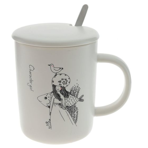 Кружка с крышкой и ложкой, 350 мл, L11,5 W8 H11 см,дизайн микс