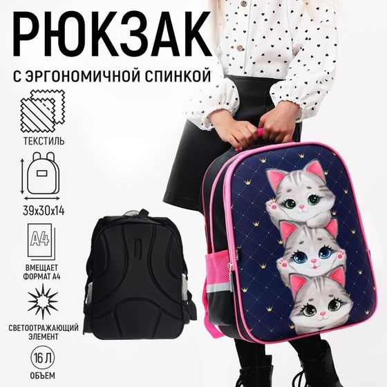 Рюкзак каркасный школьный, 39 х 30 х 14 см, Calligrata &quot;Котята&quot;