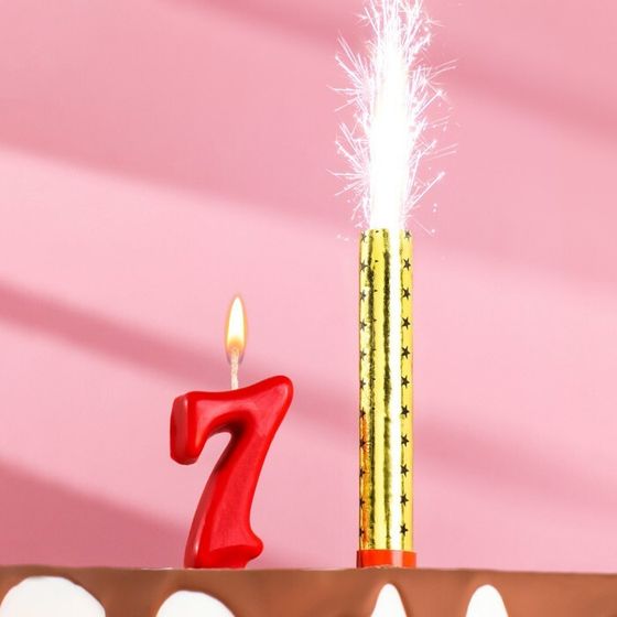 Свеча для торта цифра &quot;Овал&quot; красная &quot;7&quot; + фонтан