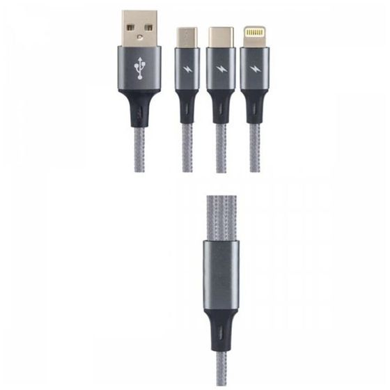 Кабель 3 в 1 PERFEO, USB - microUSB/Lightning/Type-C, 3 А, 1,2 м, черный