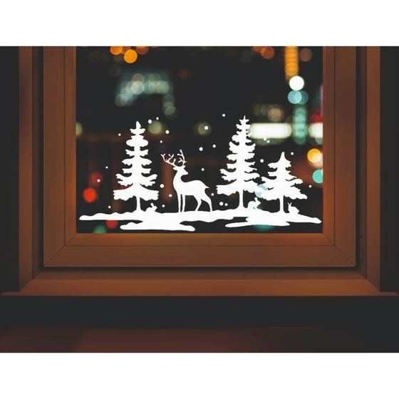 Наклейка декоративная для окон &quot;Олень в лесу&quot; 50х24 см (снег 10х20 см)
