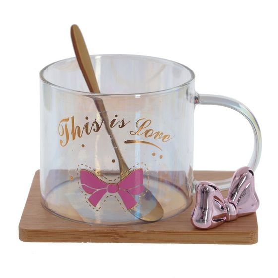 Кружка с ложкой на деревянной подставке, 290 мл, L12,5 W9 H8 см, дизайн микс