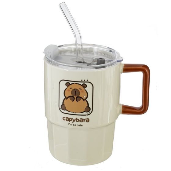 Кружка с крышкой и трубочкой, L8,8 W8,8 H12,2 см, дизайн микс