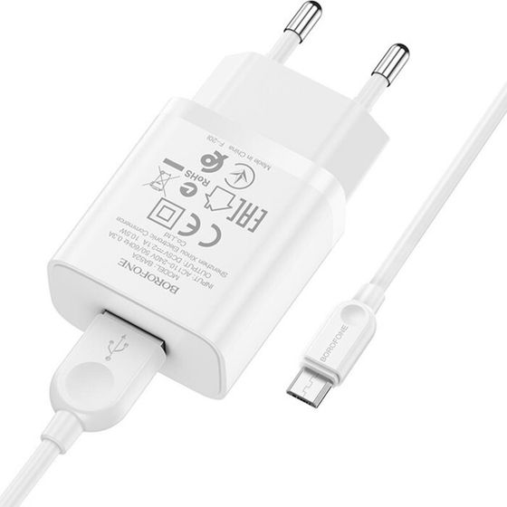 Сетевое зарядное устройство Borofone BA52A, USB, 2.1 А, кабель microUSB, 1 м, белое