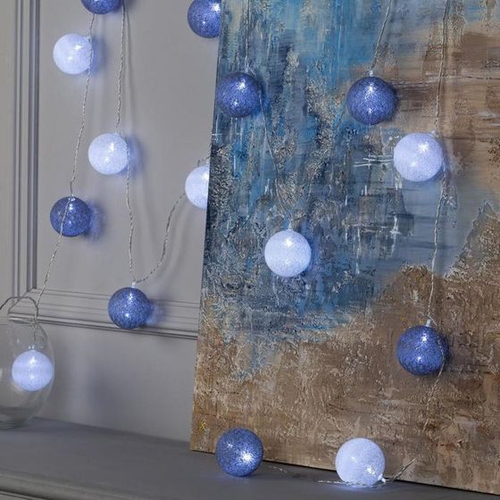 !09 Гирлянда «Нить» 5 м с насадками «Клубки снежные», IP20, прозрачная нить, 20 LED, свечение белое, 220 В