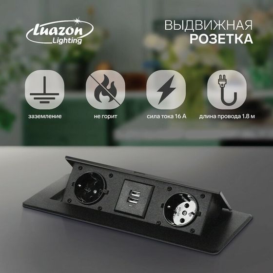 Розетка выдвижная Luazon Lighting, 16 А, двухместная, в стол, 2xUSB, 2.1 A, черная