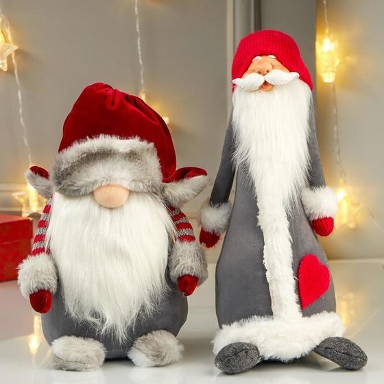 Кукла интерьерная &quot;Дедушка Мороз в серой шубе и красном колпаке-шапке&quot; МИКС 55х15х16 см
