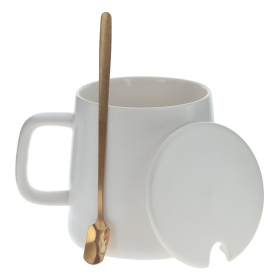 Кружка с крышкой и ложкой, 400 мл, L12 W9 H9 см,дизайн микс