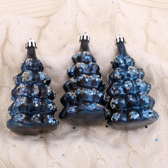 !09 Набор елочных украшений (набор 3 штуки) &quot;Ёлочка в сугробах&quot; 5х9,5 см. цвет синий