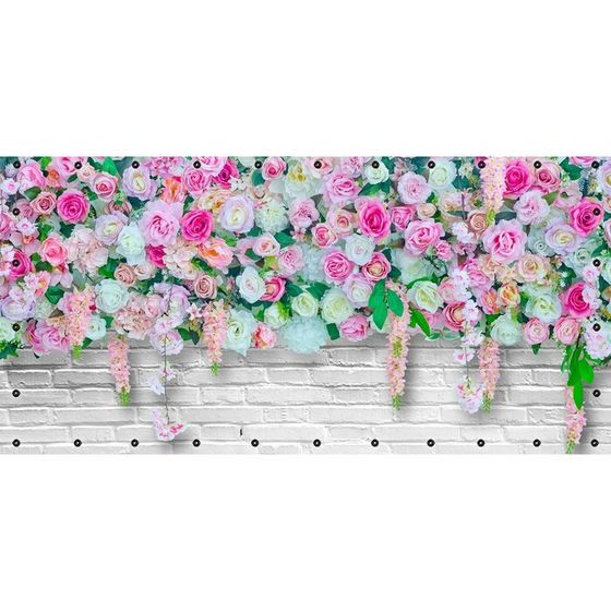 Фотосетка, 314 × 155 см, с фотопечатью, люверсы шаг 0.3 м, «Розы на белой кирпичной стене»