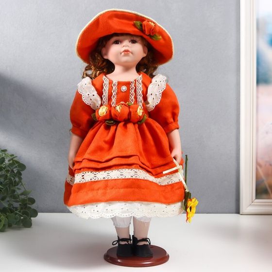 Кукла коллекционная керамика &quot;Вера в ярко-оранжевом платье и шляпе с розами&quot; 40 см