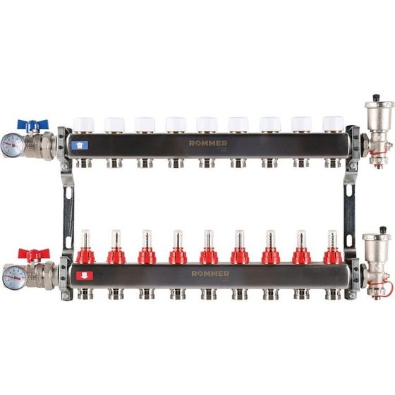 Коллектор ROMMER RMS-1210-000009, 1&quot;х3/4&quot;, 9 выходов, в сборе с расходомерами, нерж. сталь