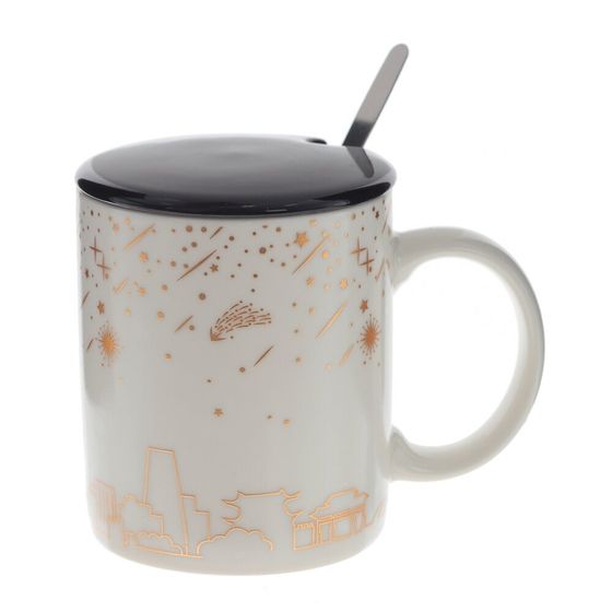 Кружка с крышкой и ложкой, 300 мл, L12 W8 H10 см, дизайн микс