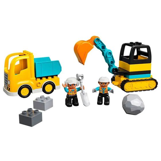 Детский конструктор LEGO Duplo 10931 — грузовик для перевозки щебня и экскаватор на гусеницах.