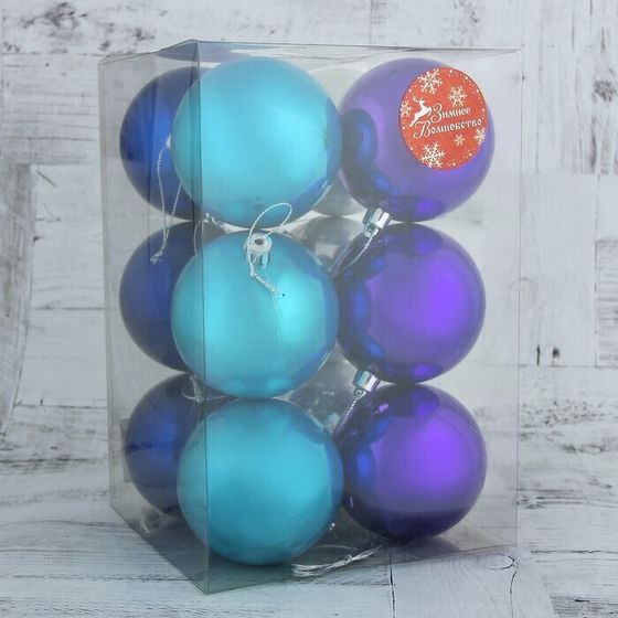 !09 Набор елочных игрушек - Набор шаров пластик d-8 см, 12 шт &quot;Глянец&quot; серебристо-синий микс