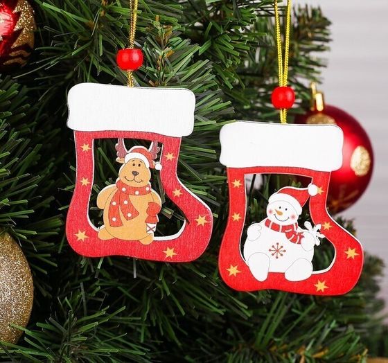 !09 Подвеска новогодняя (комплект 5 штук) «Валенок с сюрпризом», дизайн МИКС