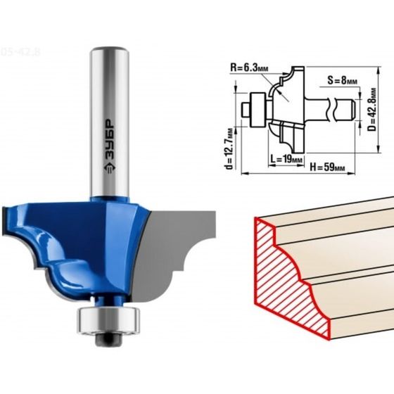 Фреза кромочная ЗУБР 28705-42.8, калевочная №4, R = 6.3 мм, 42.8 x 19 мм