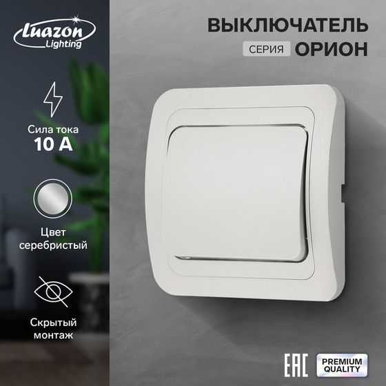 Выключатель Luazon Lighting &quot;Орион&quot;, 10 А, 1 клавиша, скрытый, серебристый