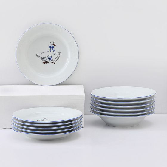 Набор фарфоровых тарелок «Гуси», 12 предметов: 6 супниц 350 мл, 6 плоских тарелок d=20 см, МИКС