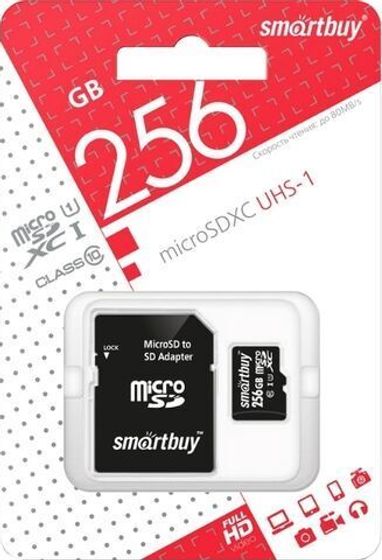 Карта памяти microSDXC 256GB Smartbuy SB256GBSDCL10-01 + адаптер