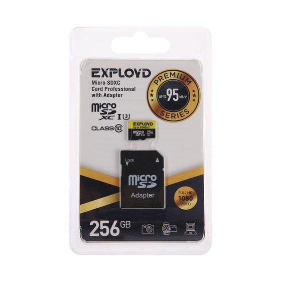 Карта памяти Exployd microSD, 256 Гб, SDXC, UHS-1, класс 10, с адаптером SD