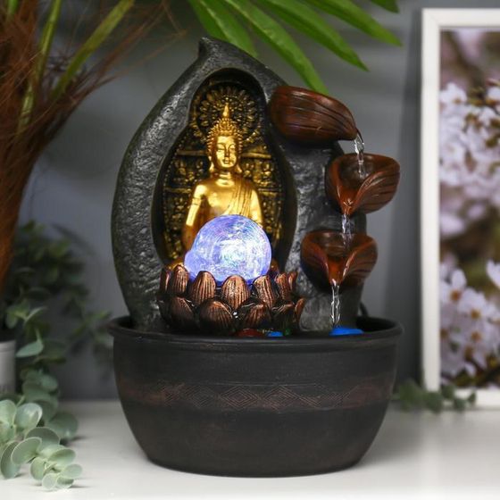 Фонтан настольный от сети, подсветка &quot;Золотой Будда с лотосом у водопада&quot; 28х19х19 см