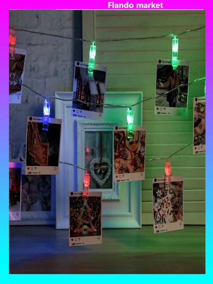 !09 Гирлянда «Нить» 5 м с насадками «Прищепки», IP20, прозрачная нить, 20 LED, свечение мульти (RG/RB), мигание, 220 В