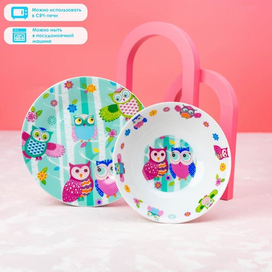 !09 Набор детской посуды из керамики «Совушки», 3 предмета: кружка 230 мл, миска 400 мл, тарелка d=18 см