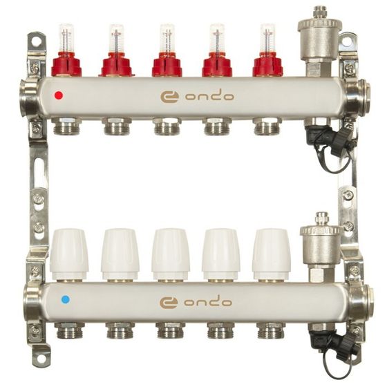 Коллекторная группа ONDO, 1&quot;х3/4&quot;, 5 выходов, с расходомерами, нержавеющая сталь