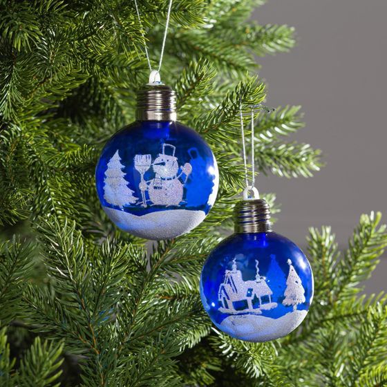 !09 Набор ёлочных шаров «Зимний пейзаж», 2 шт, d=8 см, 1 LED, от батареек, свечение RGB