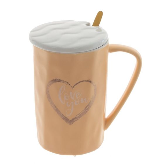 Кружка с крышкой и ложкой, 400 мл, L11 W8 H12,5 см, цвет микс