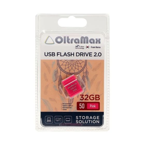 Флешка OltraMax 50, 32 Гб, USB2.0, чт до 15 Мб/с, зап до 8 Мб/с, розовая