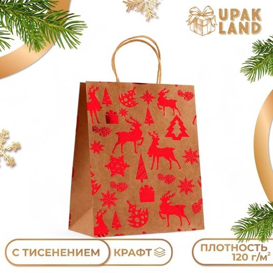 Пакет крафт с  тиснением, круглая ручка, &quot;Лес&quot;  33 х 25 х 12 см, 120 г