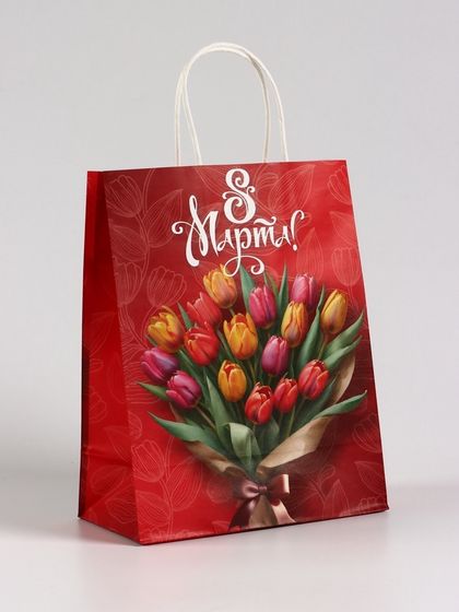 Пакет подарочный крафт, «8 Марта», 21×11×27 см