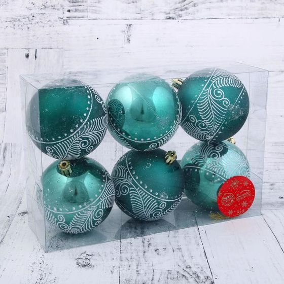 !09 Набор елочных шаров пластик (набор 6 штук) «Снежные перья», d=8 см, цвет зелёный