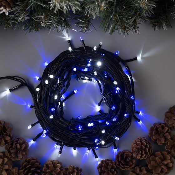 Гирлянда «Нить» 10 м, IP44, УМС, тёмная нить, 100 LED, свечение бело-синее, мигание, 220 В, УЦЕНКА