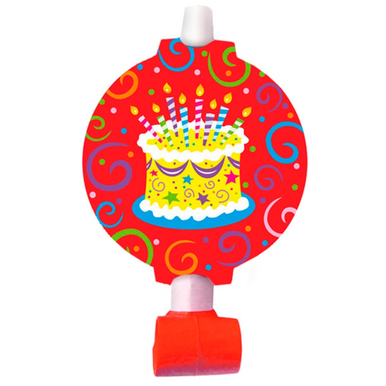 !09 Набор для праздника 18 штук: Язычок-гудок с карточкой "Торт яркий" 12 шт. + Колпак "Торт яркий" 6 штук