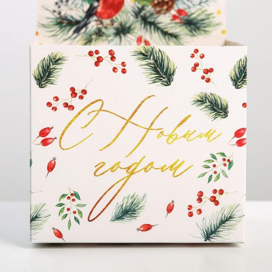 !09 Комплект из 5 коробок для мини-букетов, 12 х 17 х 10 см.: «Happy New Year», 3 штуки + «С Новым годом», Снегири 2 штуки.