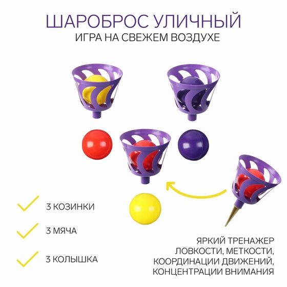 Игра на свежем воздухе &quot;Шароброс уличный&quot;: 3 корзинки, 6 мячей, 3 колышка