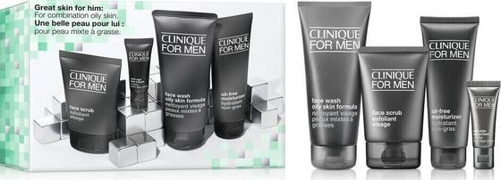 Clinique CLINIQUE_SET Great Skin For Him Face Wash Oily Skin Formula mydło do mycia twarzy dla skóry mieszanej lub tłustej 200ml + Face Scrub peeling do twarzy 100ml + Oil-Free Moisturizer beztłuszczowy krem nawilżający 100ml + Anti-Age Eye Cream przeciw