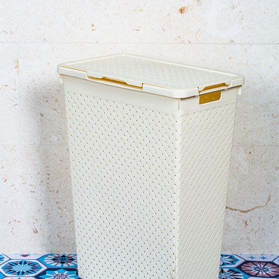 Корзина для белья БЕРЕСТА слоновая кость узкая с крышкой 50л