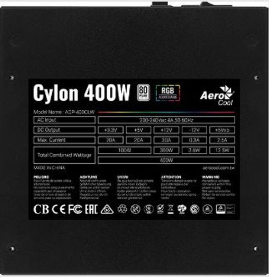 Блок питания 400W ATX Aerocool CYLON 400 80+ (24+4+4pin) APFC 120mm fan color 4xSATA RTL