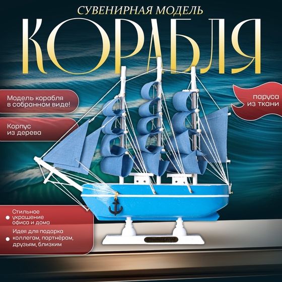 Сувенирная модель корабля «Аскольд», борта голубые с полосой, паруса голубые, 23.5×4.5×23 см